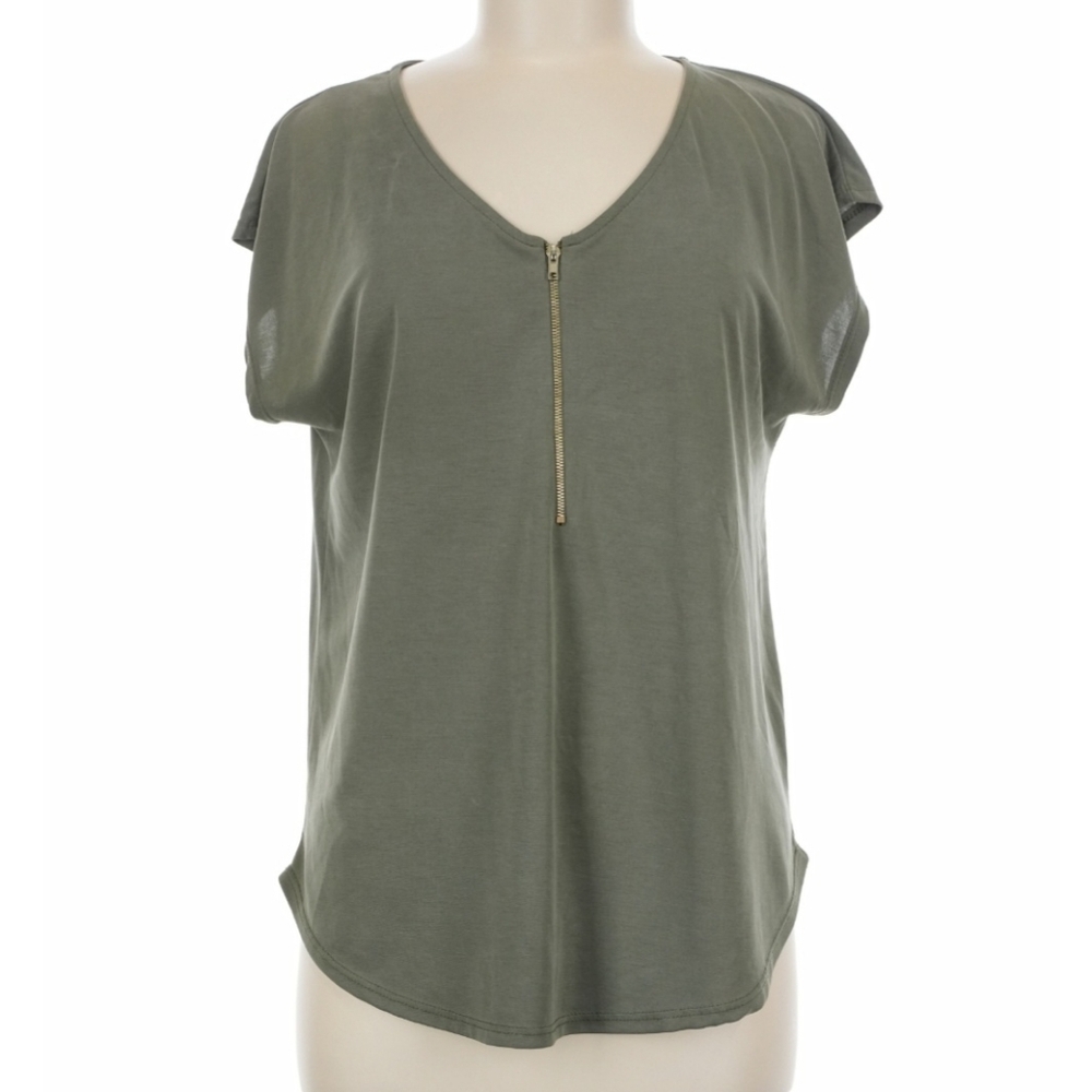 Green Envelope Flowy Top Zipper, Sage Womens Large V-neck